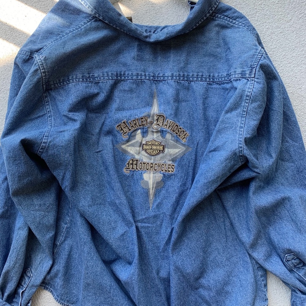 VINTAGE Harley Davidson Embroidered Denim Top